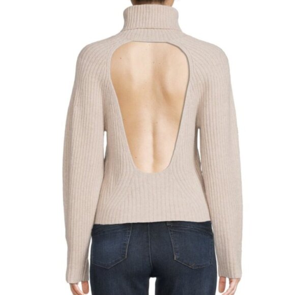 Vince Open-Back Turtleneck Ribbed Cashmere Sweater, Heather Beige - Picture 2 of 2